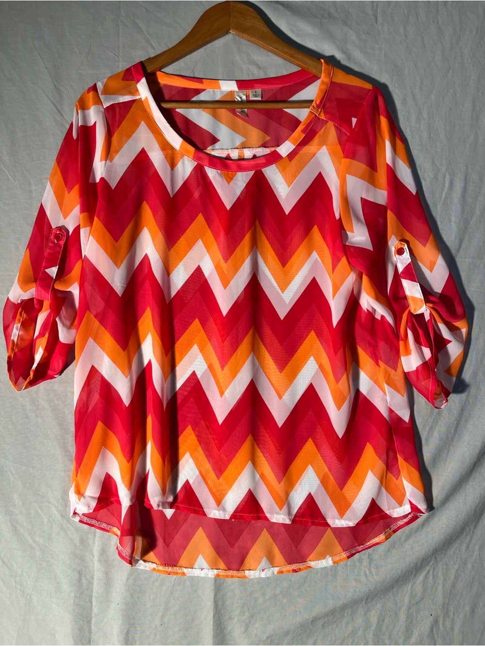 Tacera Zigzag 3/4 Length Sleeve Sheer Blouse -Red, Orange, & White -Womens Large